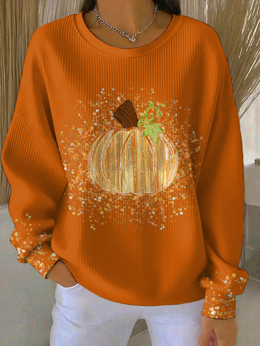 Comfortable Pumpkin Graphic Sweatshirt for Women with Round Neck Long Sleeve Fall Leopard Print Pullover Style