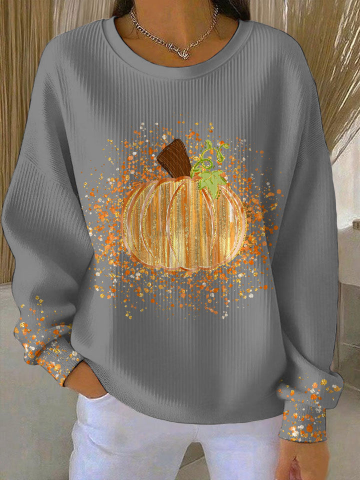 Comfortable Pumpkin Graphic Sweatshirt for Women with Round Neck Long Sleeve Fall Leopard Print Pullover Style