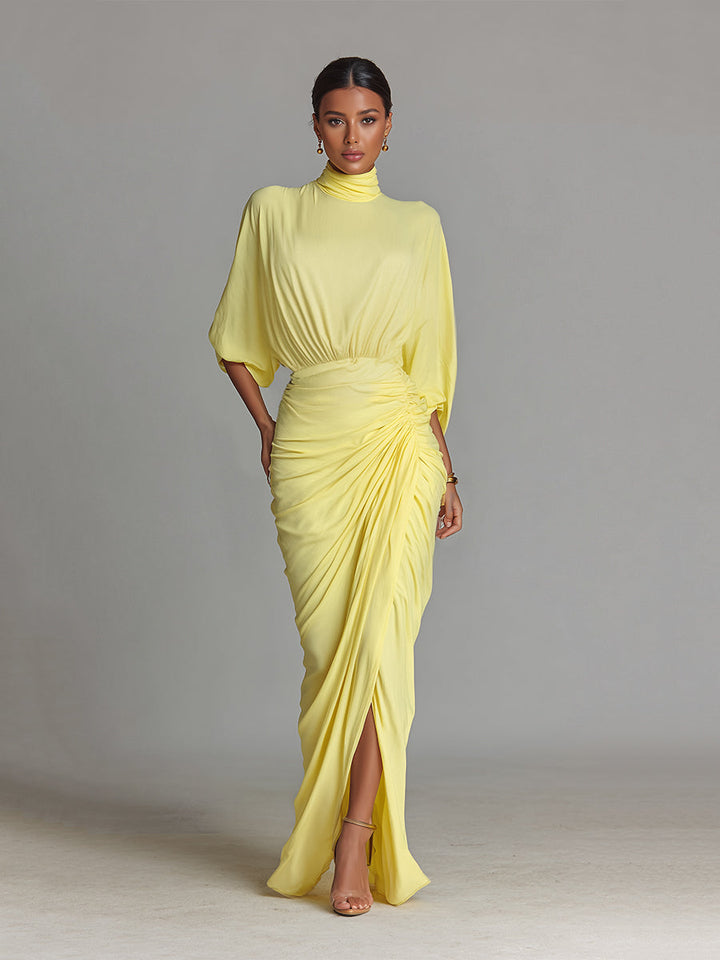 Madison | Yellow Draped Turtleneck Batwing Sleeve Maxi Dress