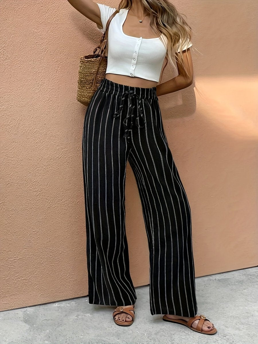 Effortless Striped Wide Leg Pants for Women with High Waist Elastic Back Pocket Flowy Palazzo Style