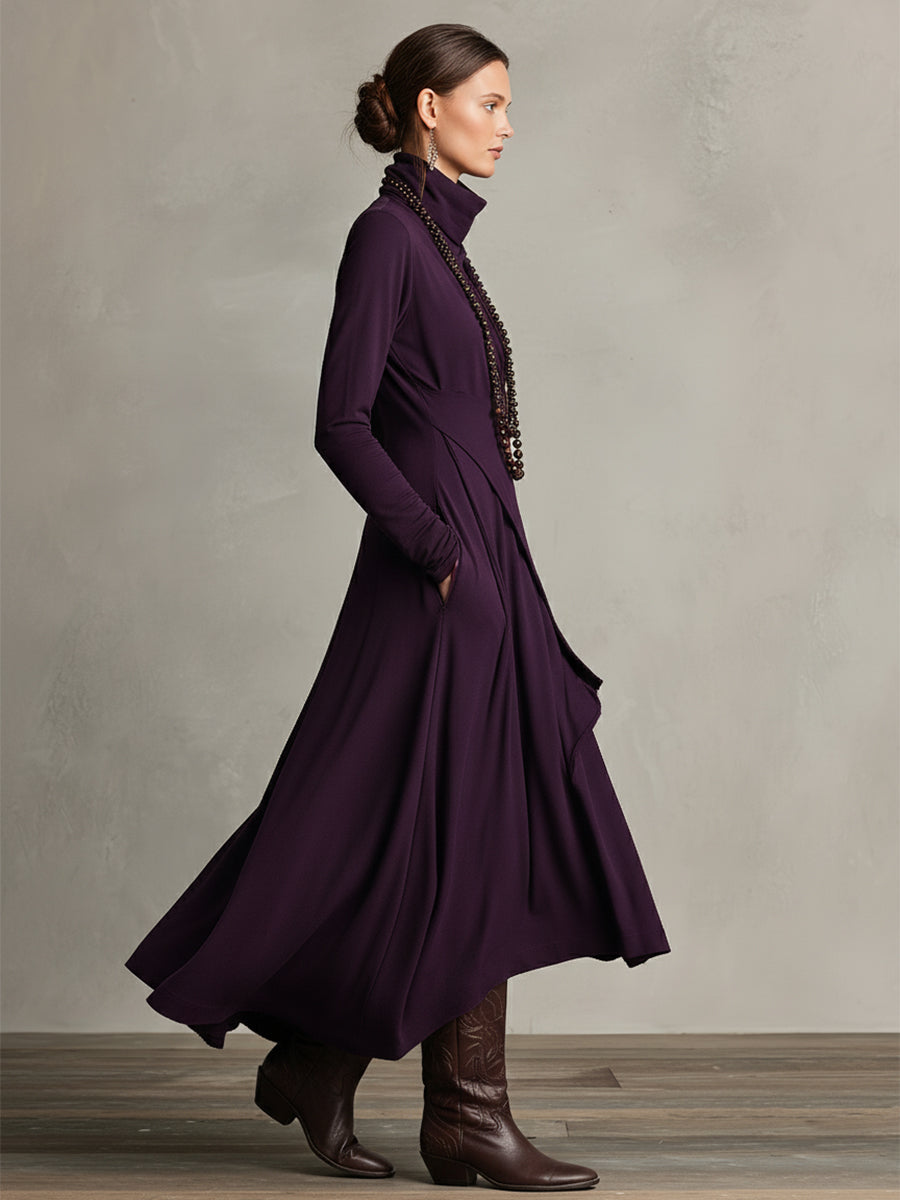 Celeste | Purple Dress for Women with Turtleneck Asymmetric Draped Maxi Style
