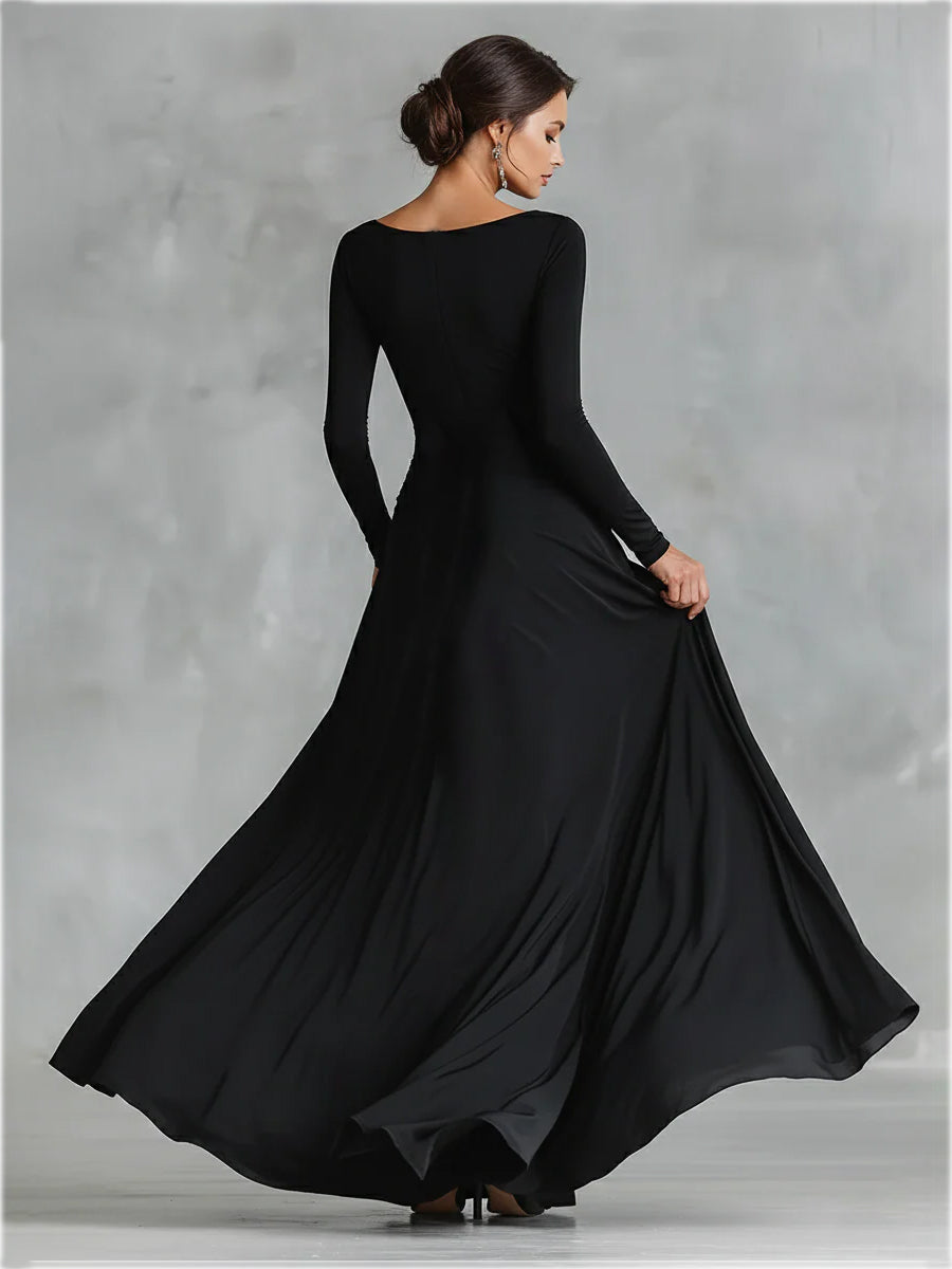 Naomi | Black Dress for Women Boat Neck Ruched Waist Long Sleeve Formal Maxi Style
