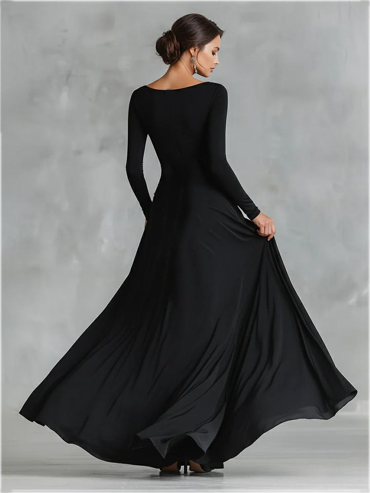 Naomi | Black Dress for Women Boat Neck Ruched Waist Long Sleeve Formal Maxi Style