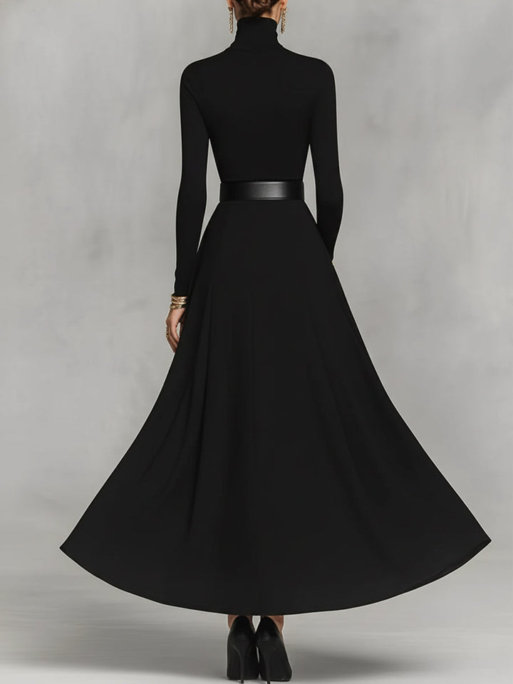 Mila | Black Turtleneck Gold Button Belt Waist Flared Maxi Dress