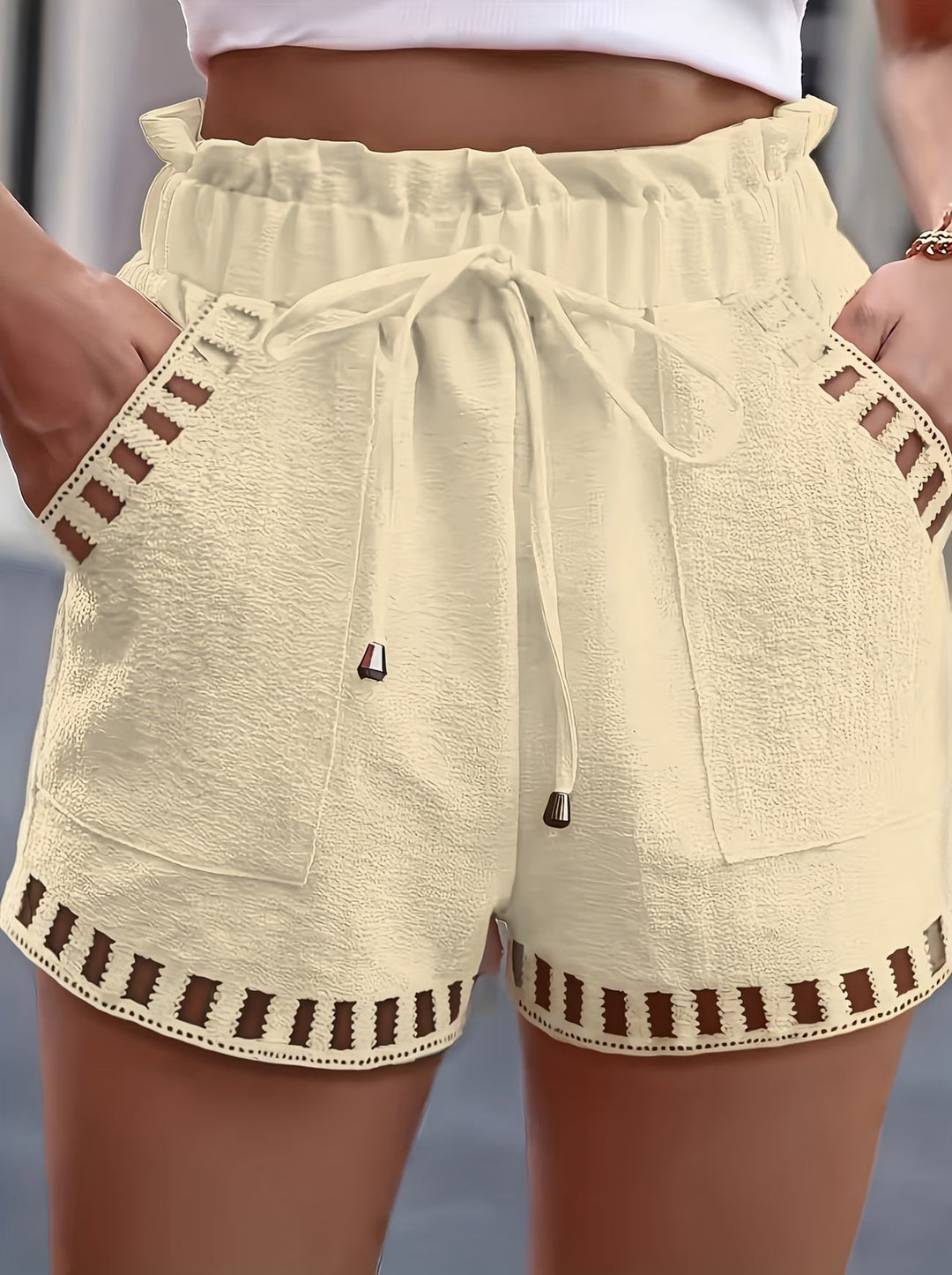 Effortless Textured Shorts for Women with High Waist Drawstring Paperbag Fringe Trim Casual Style