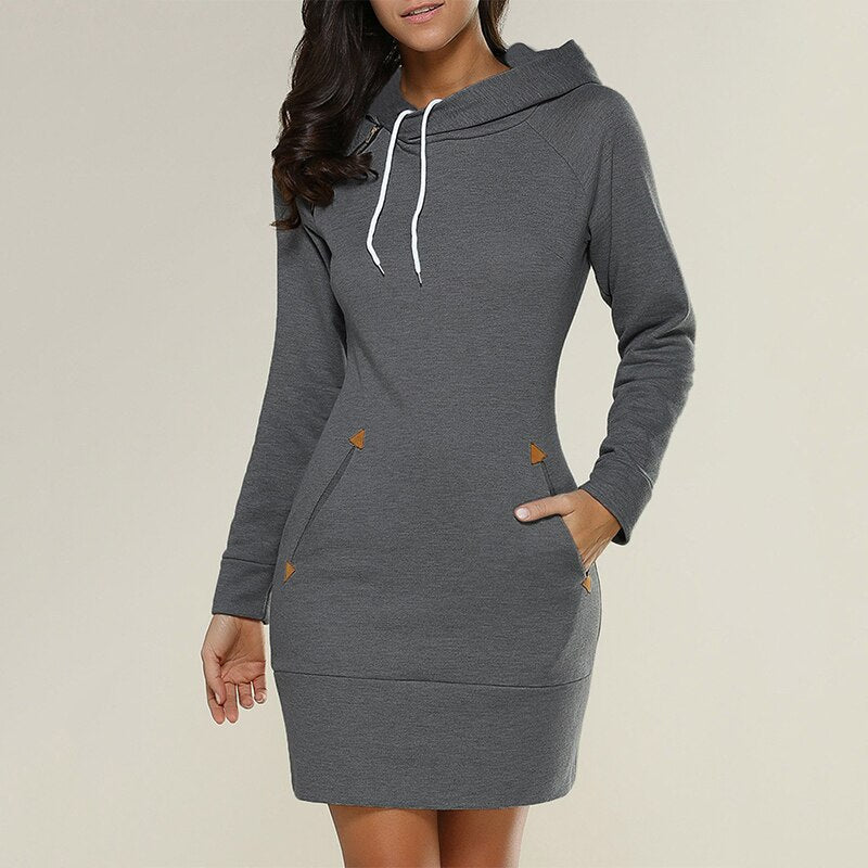 Comfortable Fitted Hoodie Sweater Dress for Women with Long Sleeve Drawstring Front Pocket Casual Style
