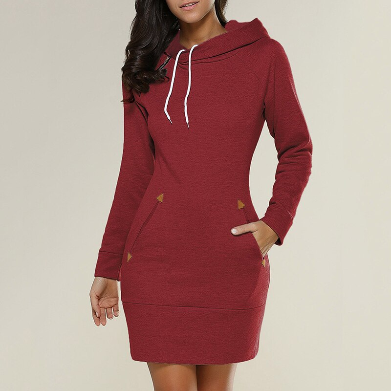 Comfortable Fitted Hoodie Sweater Dress for Women with Long Sleeve Drawstring Front Pocket Casual Style
