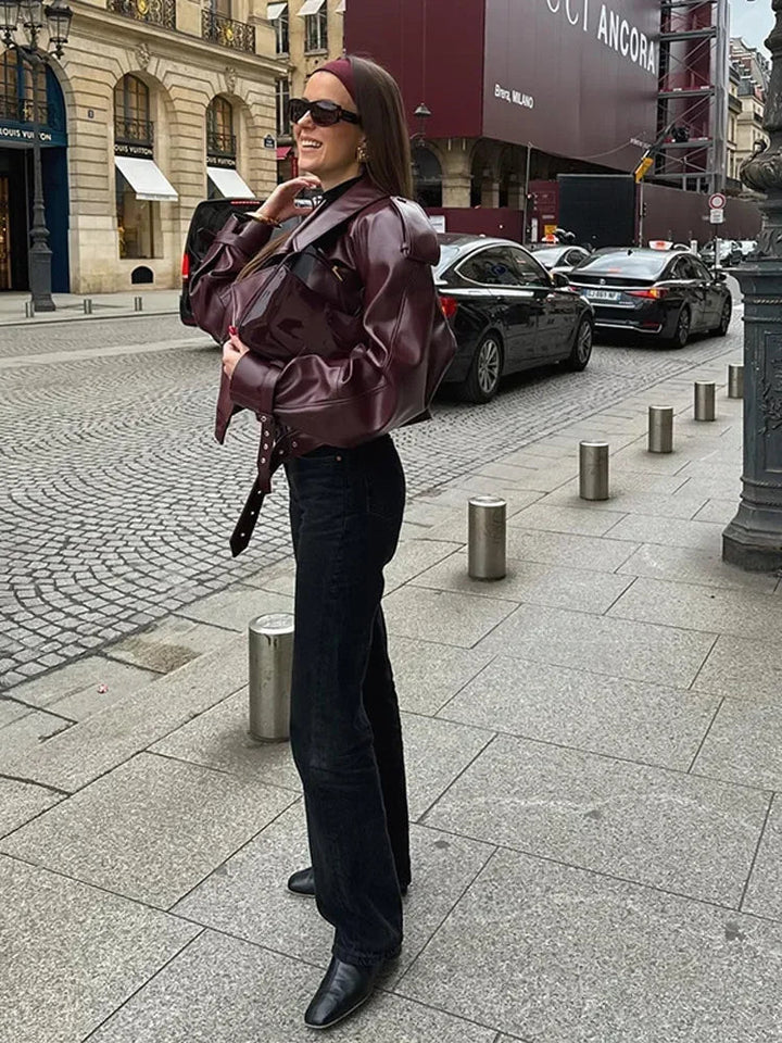Elegant Burgundy Leather Jacket for Women with Notched Collar Long Sleeve Belted Cropped Style