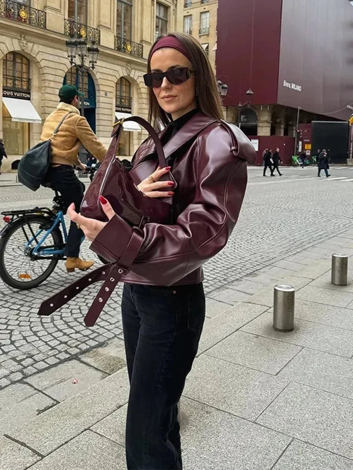 Elegant Burgundy Leather Jacket for Women with Notched Collar Long Sleeve Belted Cropped Style