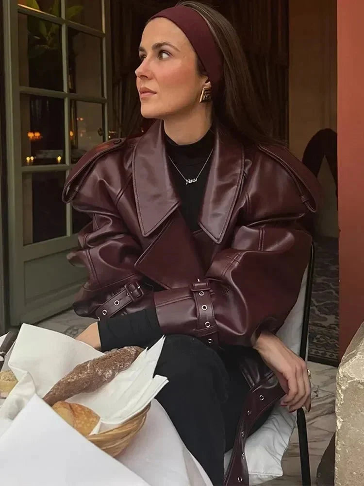 Elegant Burgundy Leather Jacket for Women with Notched Collar Long Sleeve Belted Cropped Style