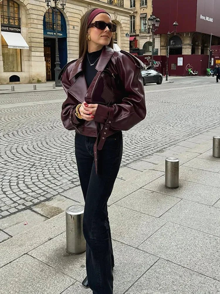Elegant Burgundy Leather Jacket for Women with Notched Collar Long Sleeve Belted Cropped Style