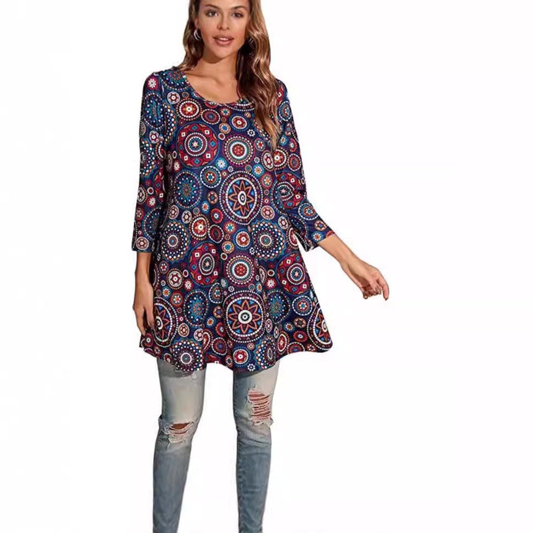 Effortless Paisley Print Tunic Top for Women with Scoop Neck Elbow Sleeve Flowy Swing Bohemian Style