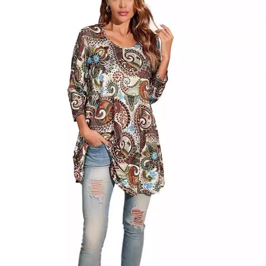 Effortless Paisley Print Tunic Top for Women with Scoop Neck Elbow Sleeve Flowy Swing Bohemian Style