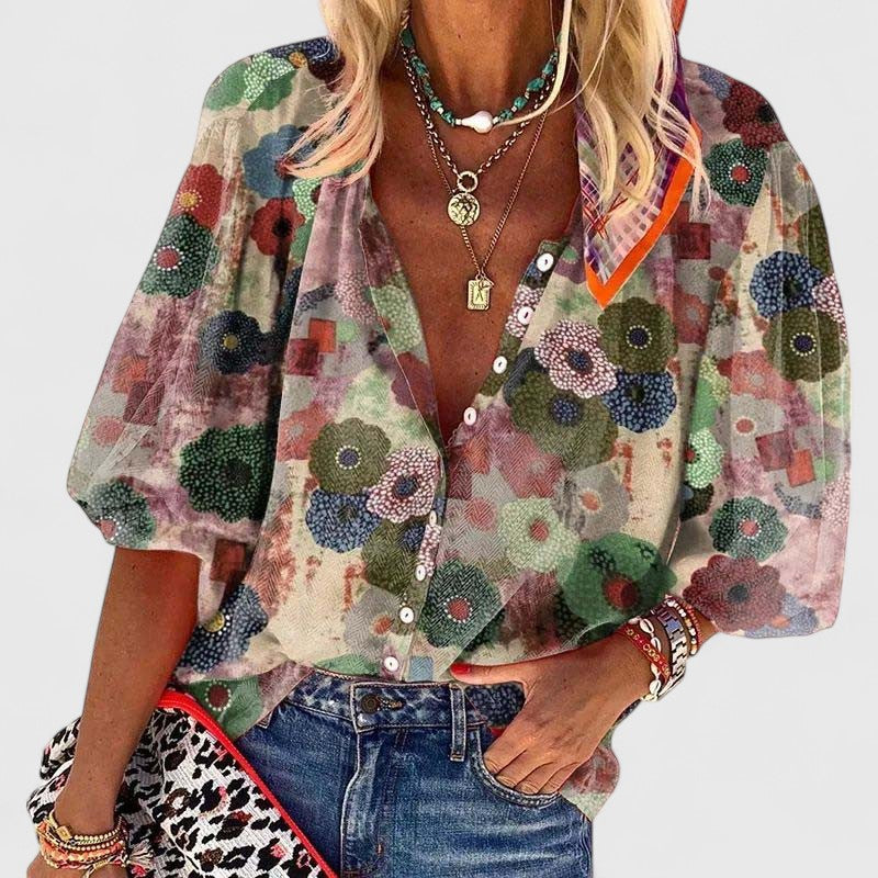 Effortless Sheer Floral Blouse for Women with V Neck Elbow Sleeve Button Front Flowy Bohemian Style